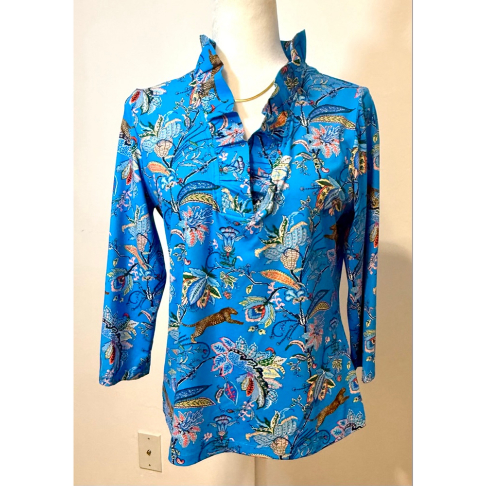 KENNY DANA Blue Floral Leopard Blouse M, popped ruffle collar, v neck